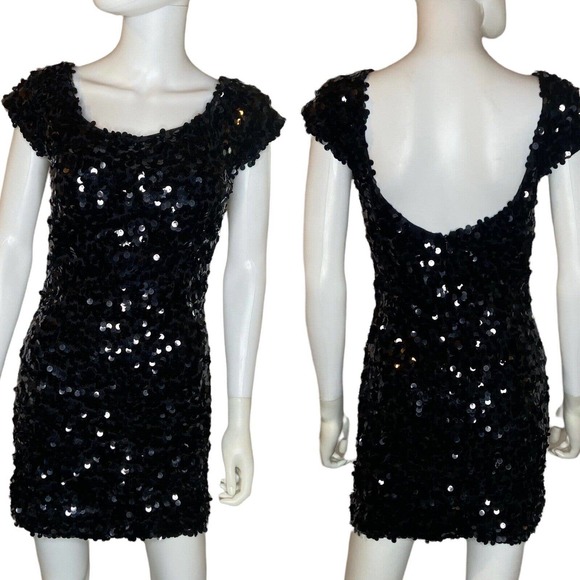 Maggie Sottero Dresses & Skirts - Flirt by Maggie Sottero Black Short Sleeve Sequin Stretch Mini Dress sz 8